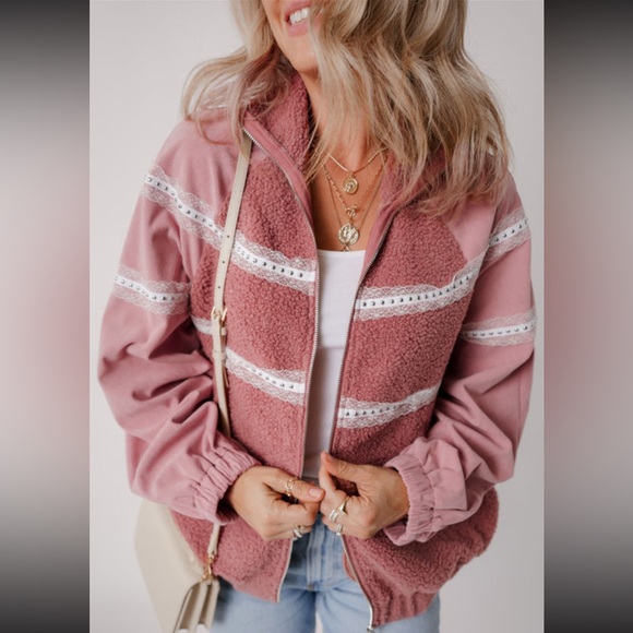 1000. Rose pink lace studded corduroy Sherpa jacket - Picture 2 of 4